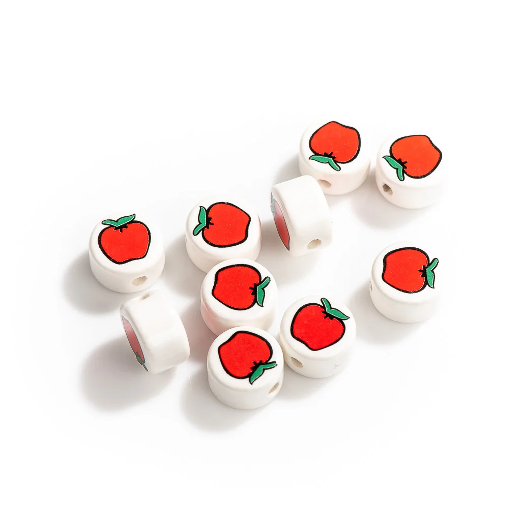 17#10pcs Cute Fruit Ceramic Beads Persimmon and Apple slices Pendant Porcelain Bead For Jewelry Making Part Accessories #XN178