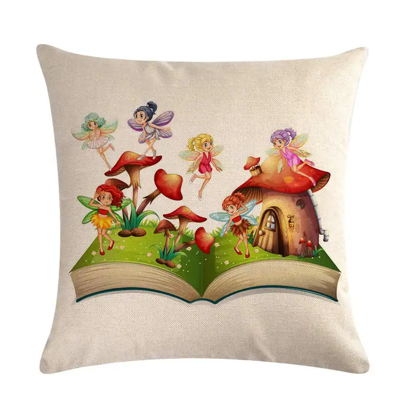 Радужная искусственная льняная наволочка с рисунком лошади леса грибов домашнее