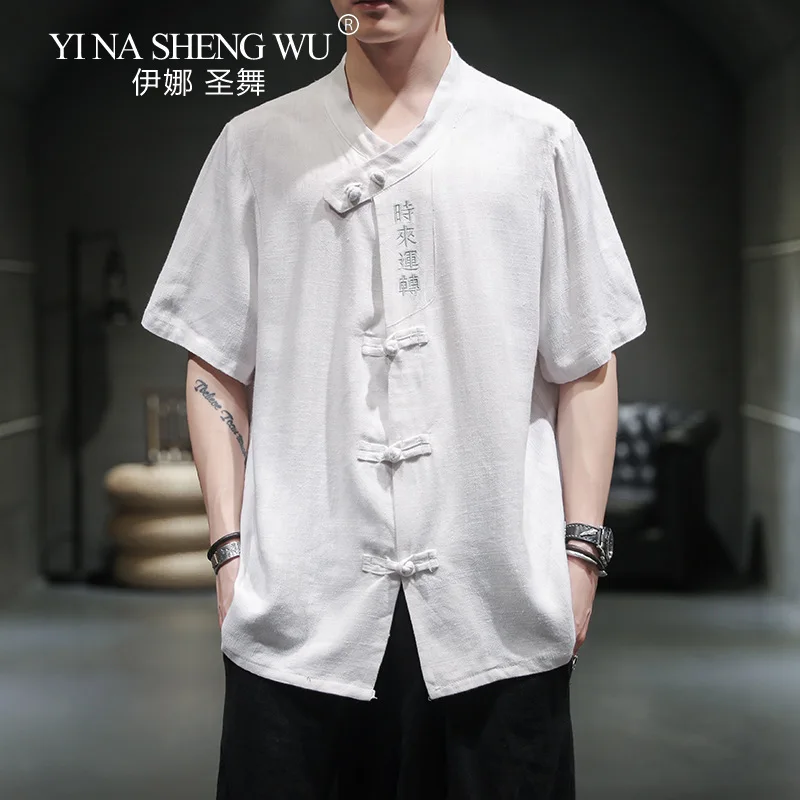 Рубашка Мужская льняная с вышивкой модная повседневная сорочка ханьфу в