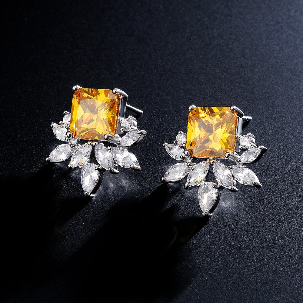

Luxury Flowers Leaf Square AAA Cubic Zirconia Stud Earrings for Women Wedding Party Elegant Bride Earring Jewelry Gift Wholesale