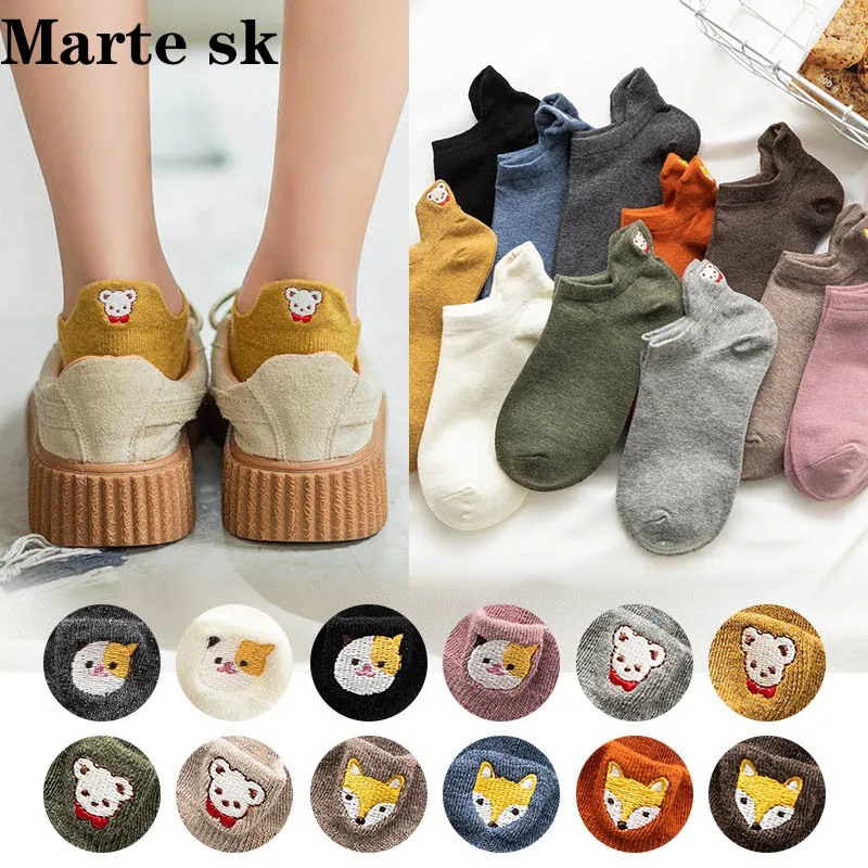Модные мягкие милые хлопковые женские носки с мультяшной вышивкой лисы сердца