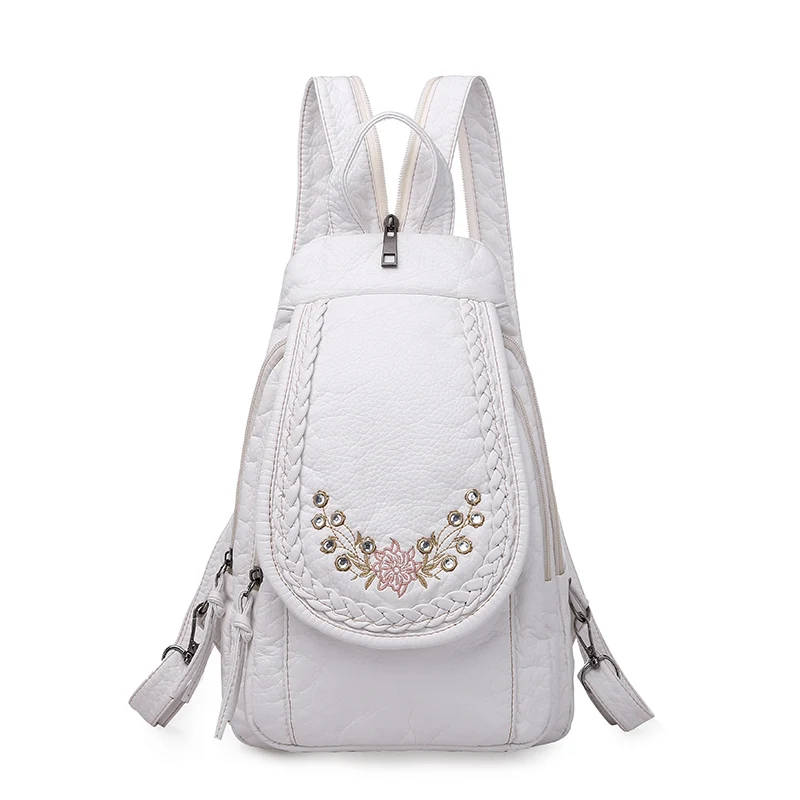 White-Flower New Ladies Soft Washed Leather Backpack 3-in-1 Cute Cat Women Bagpack Small Travel Backpack For Girls Sac a dos Mochila Feminina - Цвет: White-Flower