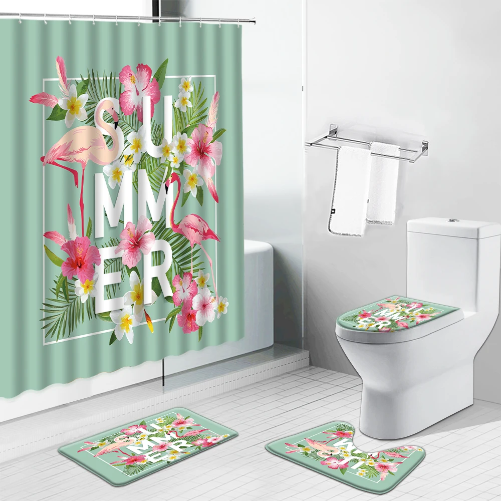 

Tropical Animal Flamingo Shower Curtain Set Flower Leaf Scenery Non-Slip Toilet Cover Rug Bath Mat Waterproof Bathroom Curtains