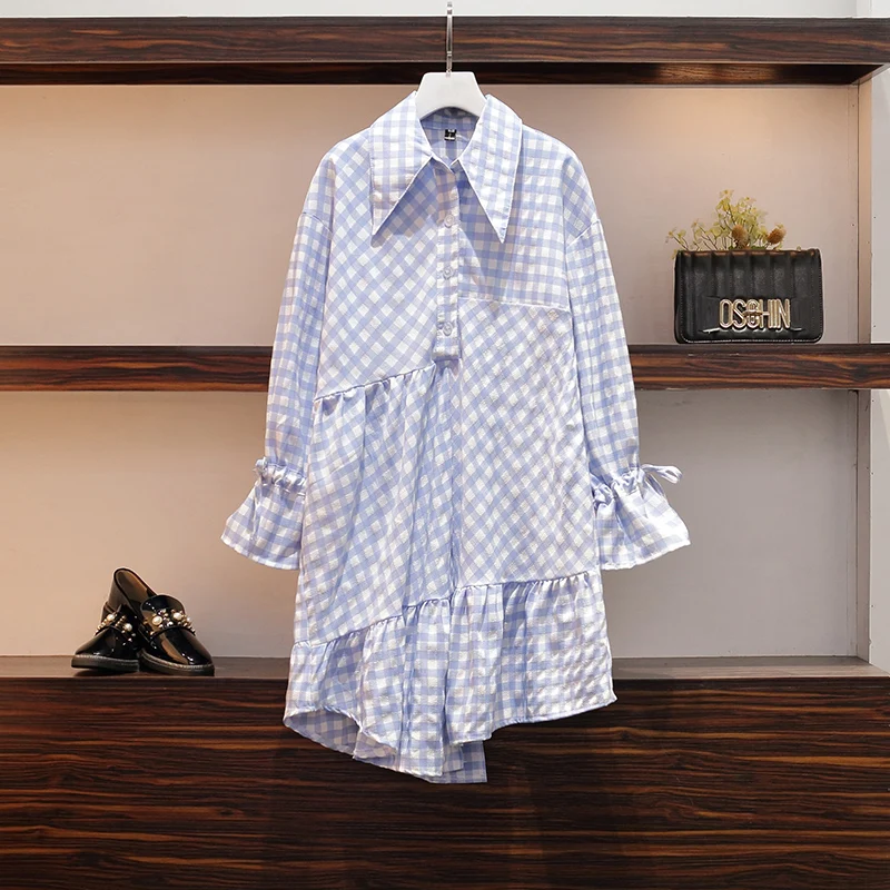 L 4XL размера плюс женское синее клетчатое платье рубашка Лето 2020 отложной