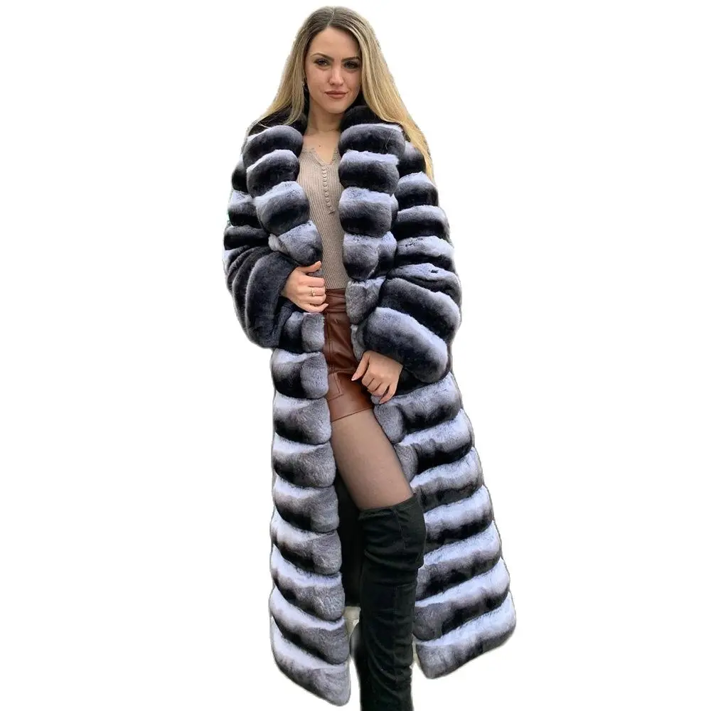 120cm Long Real Rex Rabbit Fur Coat Chinchilla Color Women Fashion Winter New Full Pelt Natural Rex Rabbit Fur Coats Outwear