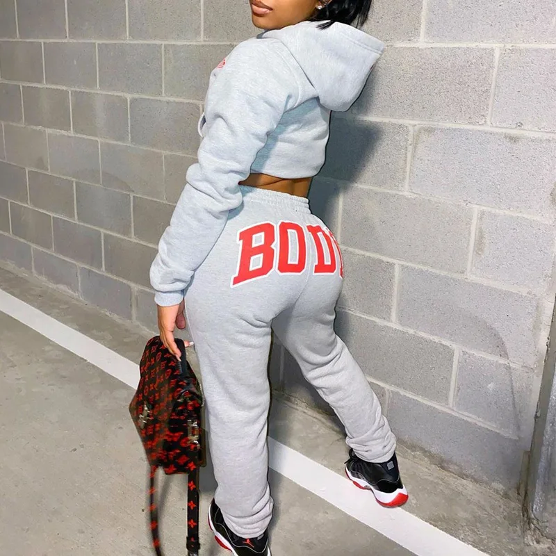 

2020 Модный комплект из двух предметов с буквенным принтом, Женская Осенняя толстовка, укороченная толстовка, спортивный костюм для бега, ком...