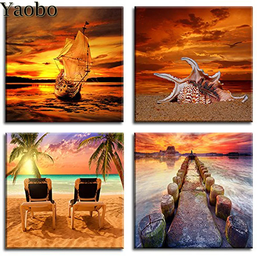 5D алмазная вышивка Ocean Sunse морской пейзаж diy Алмазная крестиком 4 шт. набор узоров