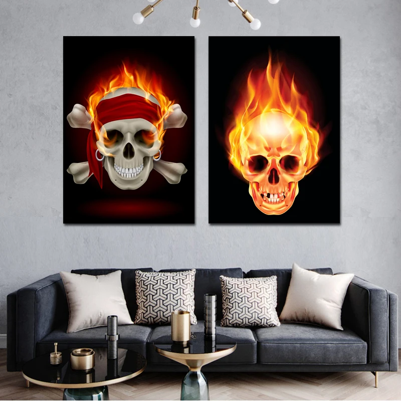 Холст для живописи wall art горящие черепа HD модульная из 2 предметов Плакаты