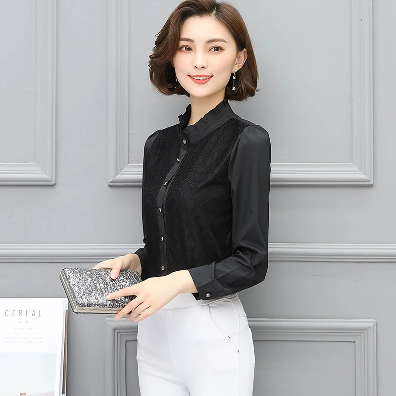 Black White Shirts Women Autumn Spring Korean Bottom Tops Plus Size 3XL Office Ladies Lace Bow Floral Chiffon Blouse |