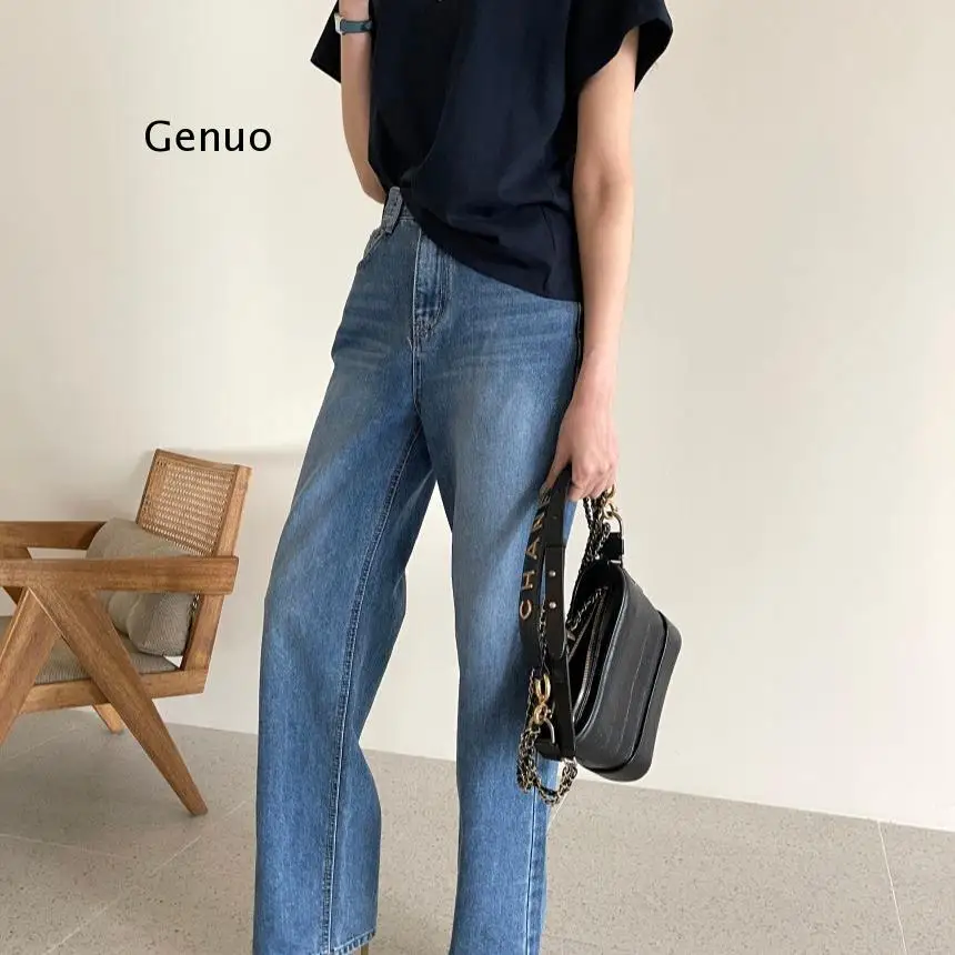 

Casual High Waist Straight Jeans Pants for Women 2021 Spring Pockets Loose Female Denim Blue Jeans Ladies Pantalon