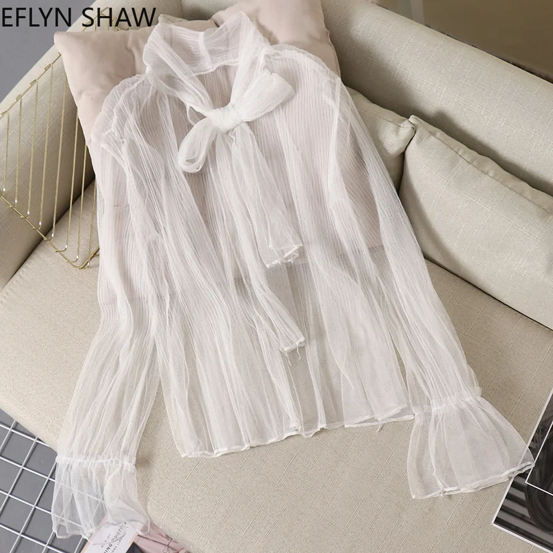

Sexy Sheer Mesh Tops Summer New Women Long Flare Sleeve Bow Collar Gauze Shirts Fashion Basic Match Loose Top Chic Female Blouse