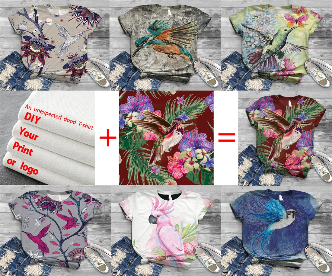 Women's shirt fashion and comfortable cute bird print short-sleeved round neck T-shirt casual street custom plus size top