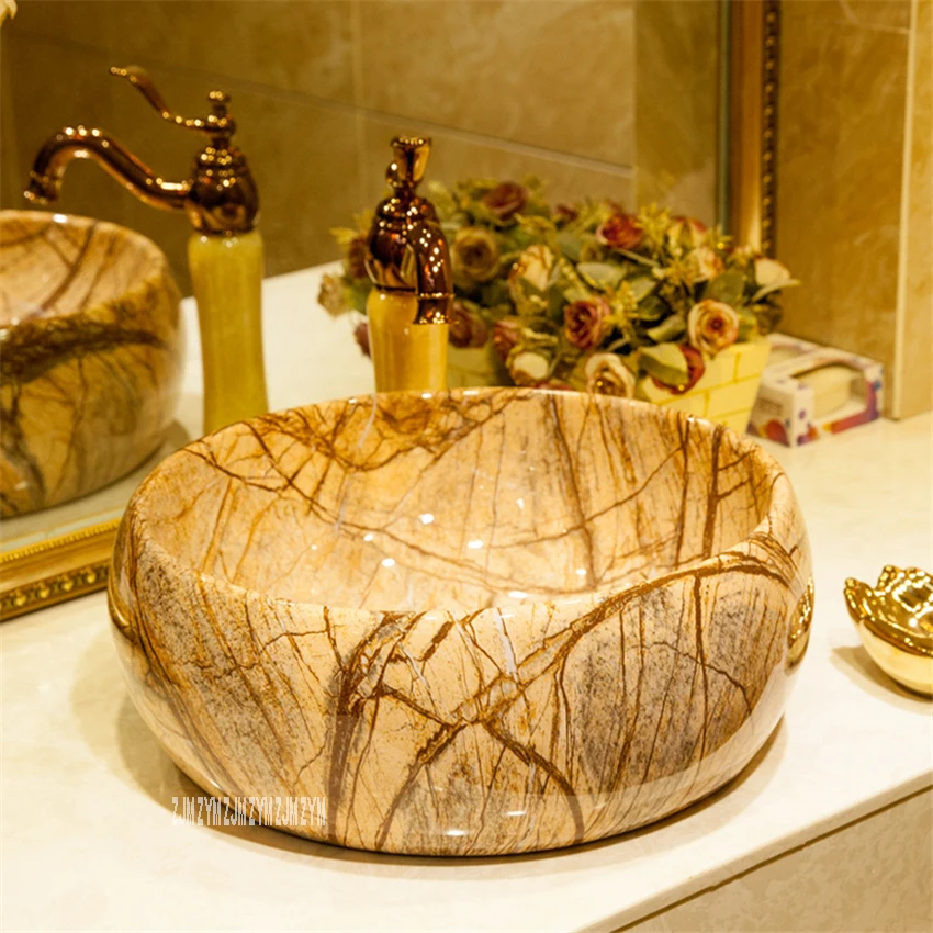 Bathroom Round Hand Wash Basin Art Tree-Texture Ceramics Sink Washing Room Basin Bowl Toilet Single Hole Above Counter Basin