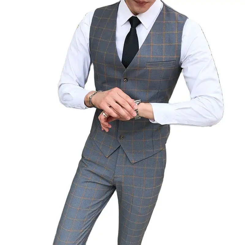 Серый клетчатый костюм из 2 предметов для мужчин Свадебный деловой жилет мужской