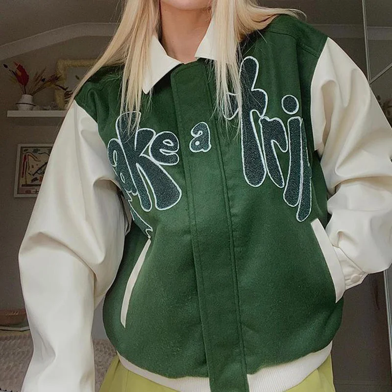 

Bomber Jacket Women Green Contrast Sleeve PU Leather Coat Outerwear Letter Applique Female Autumn Baseball Jackets