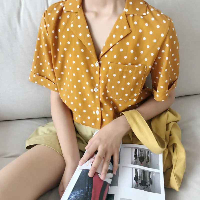 Женская блузка в горошек с коротким рукавом и отложным воротником|Блузки| |