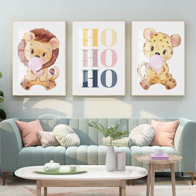 

Nordic Cartoon Blow Bubbles Bear Lion Animal Nursery Posters and Prints Wall Art Canvas Painting Nordic Decorative Wall Pictures