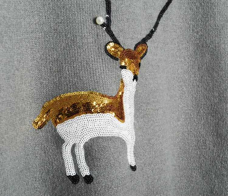

Grey Casual Sequins Christmas Elk Print Knitwear Pullover O-Neck Girl's Jumper