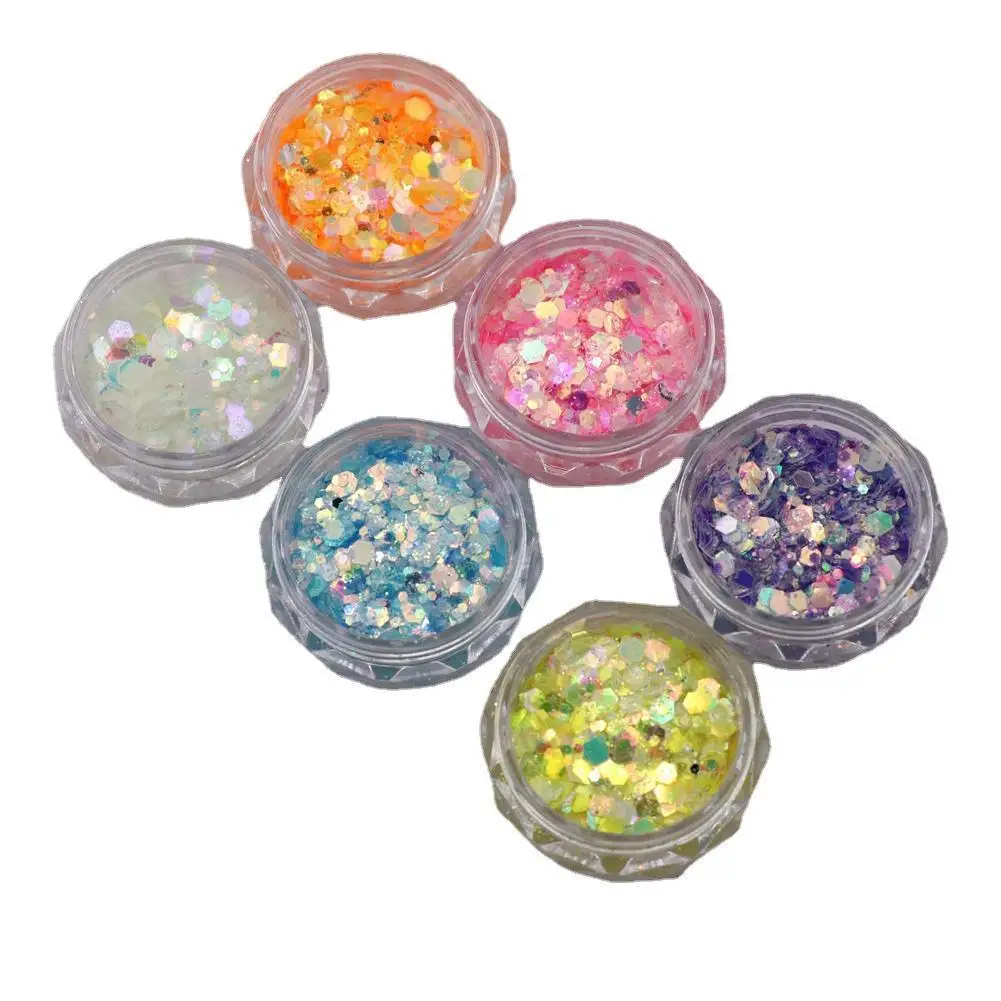 

6 Colors/Bag Shiny Glow In The Dark Nail Glitter Chunky Sequins Luminous Hexagon Manicure Decorations Size Mix Nail Art Flakes