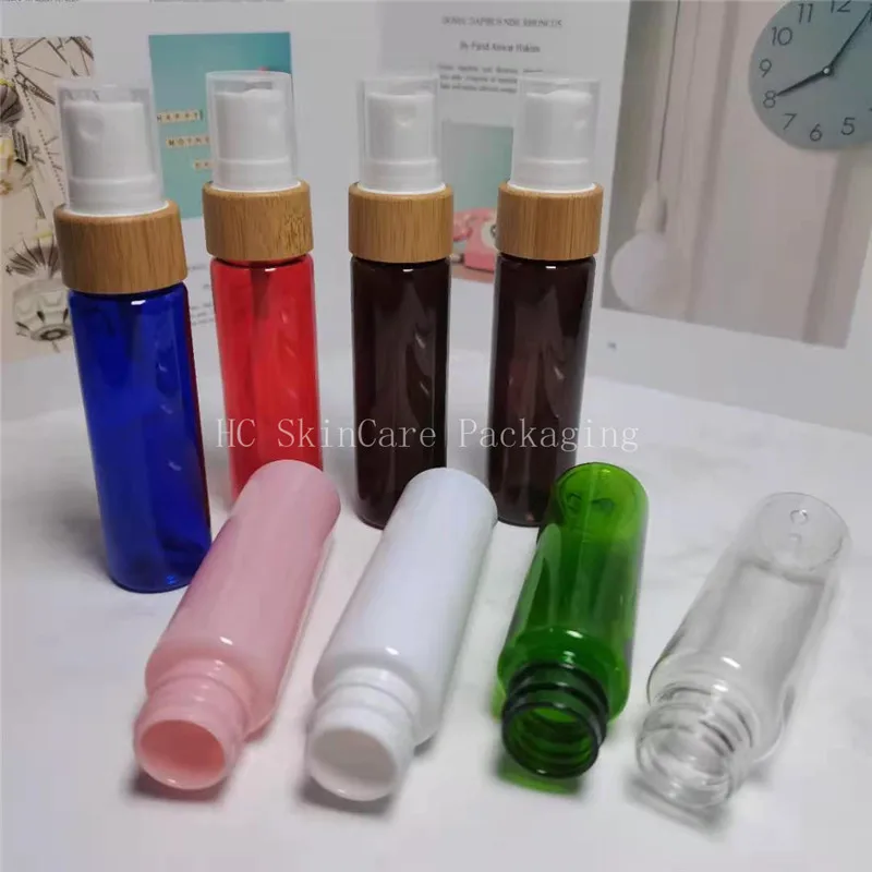 

60ml Plastic Dropper Bottles in Seven Colors With Bamboo Lid for Cosmetics Refillable Empty 60ml PET Bamboo Plastic Sprayer
