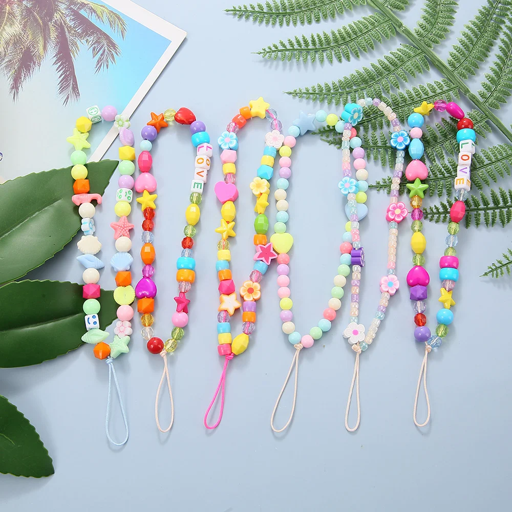 Boho Wrist Lanyard Chain For Mobile Phone Holder Keys Id Card Cute Stars Love Colour Handphone Strap Bead Hanging Rope Bracelet