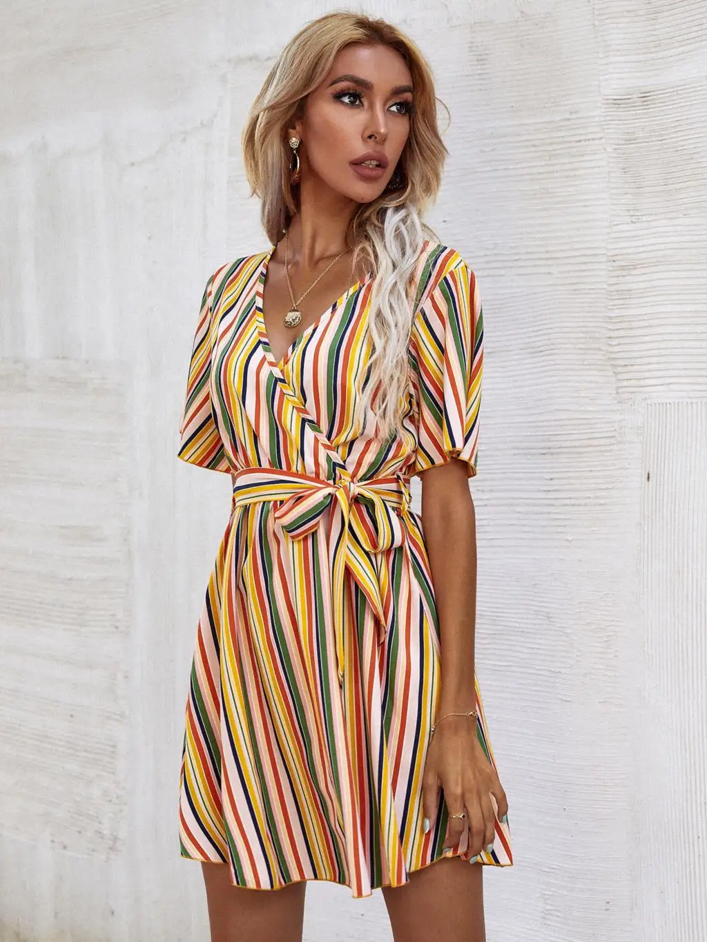 

Summer Striped Print Slim A-Line Dress V-Neck Sashes Mini Dresses Female New Fashion Short Sleeve Casual Street Sundress Vestido