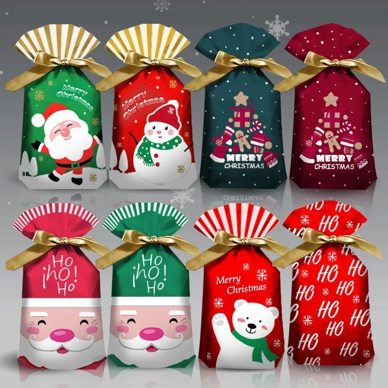 

50pcs Santa Gift Bag Candy Bag Snowflake Crisp Drawstring Bag Merry Christmas Decorations for Home New Year 2021 Noel Presents