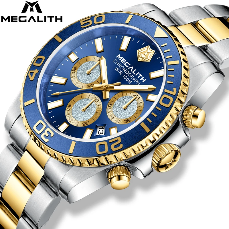 

MEGALITH 8397 Fashion Men Watches Top Brand Gold Blue Waterproof Quartz Watches Stainless Multifunction Watch Relogio Masculino