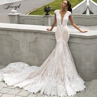 traugel o neck mermaid lace wedding dresses applique cap sleeve illusion back bride dresses chapel train bridal gowns plus size