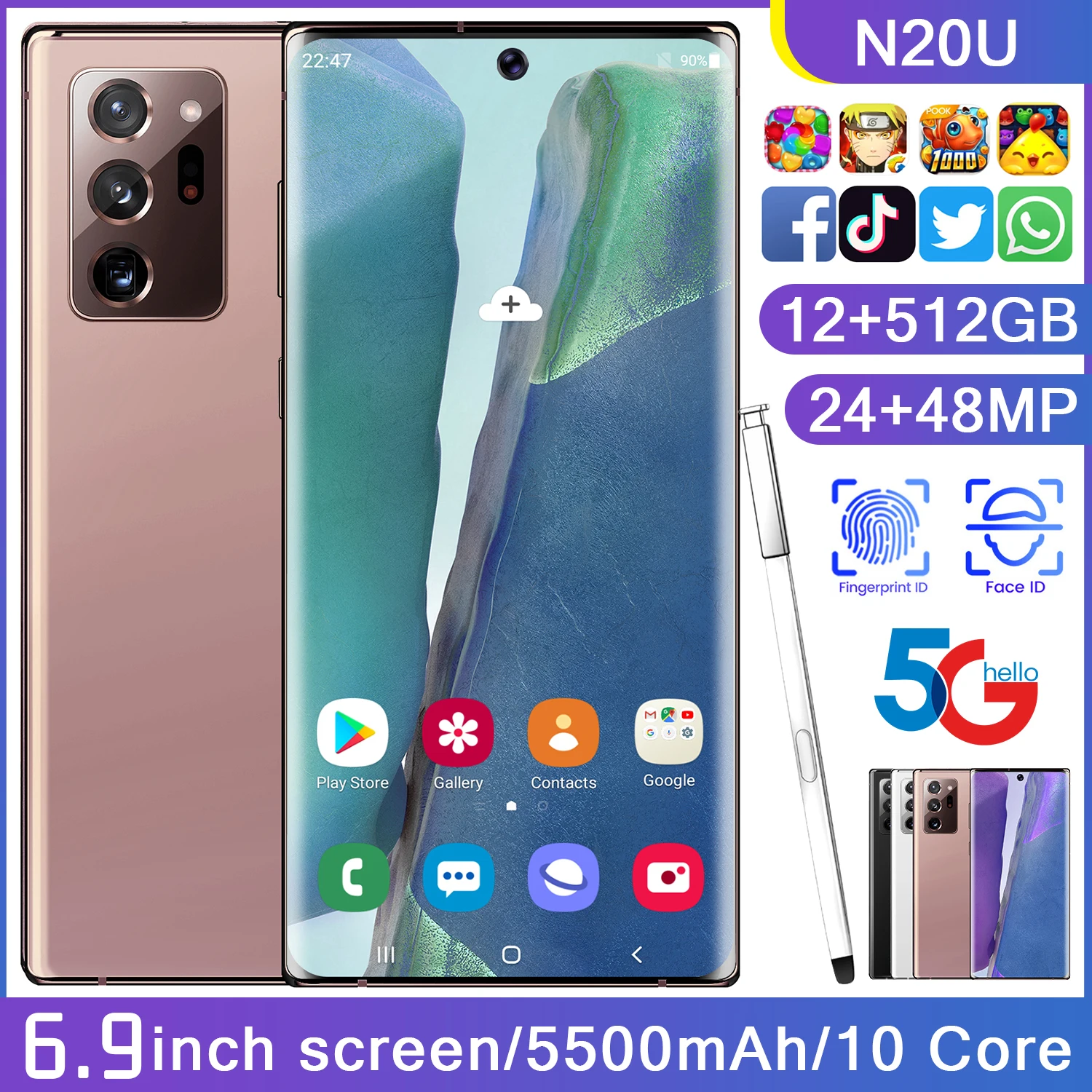 

6.9inch N20U 5500mAh Battery Telephones 12GB+512GB 24MP+48MP Android 10.0 5G 10 Core MTK6889 Telephone Smart phone