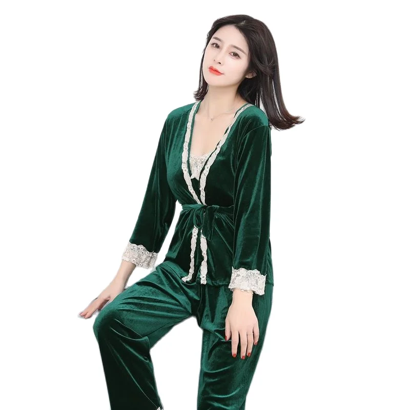 

3 шт. Женская пижама, Бархатный комплект одежды для сна, Зимние удобные теплые комплекты одежды, кардиган с поясом, кружевная пикантная Ночна...