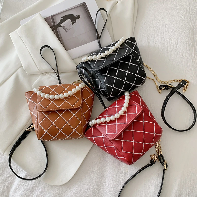 

Mini Popular Simple Daily Bag Casual Totes Bags Women Diamond Line PU Crossbody Pearl Handle Female Shoulder Bag Handbags