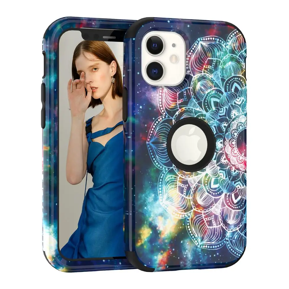 

3 in 1 shockproof design For iphone 12 11 pro max X XS XR XS MAX case Blue lotus For iphone 6 7 8 plus SE 2020 hard case cover