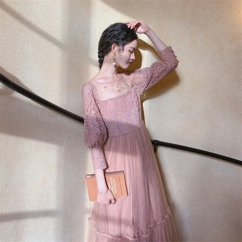 Женское кружевное платье вышитая сетчатая Тюлевая тонкая элегантная Дамская
