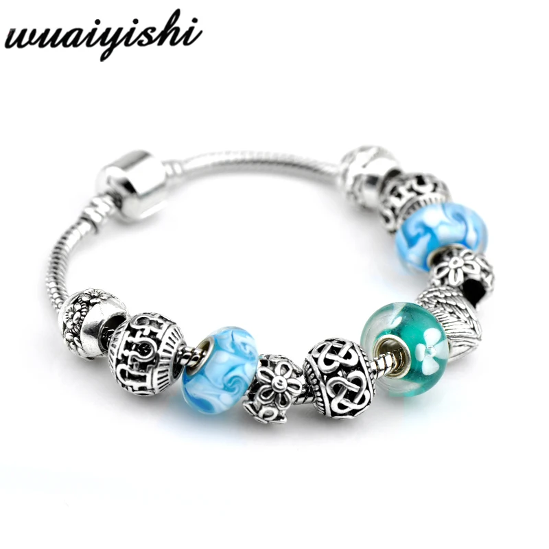 Charming blue Браслеты для девушек, Браслеты mujer, полимерные бусины Подвески украшения, серебряные DIY Браслеты для женщин, модная повязка на руку, цепочка из сплава - Окраска металла: Charming blue