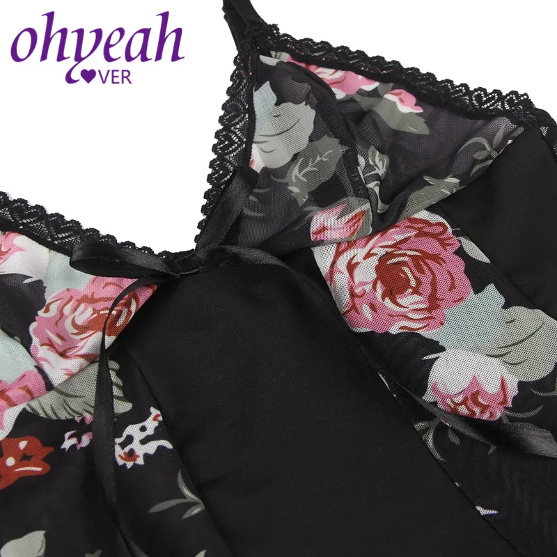 

Ohyeahlover Sexy Women Nightdress Floral Print Lace Transparent Babydoll Lingerie G-String Erotic Underwear Plus Size RA80999