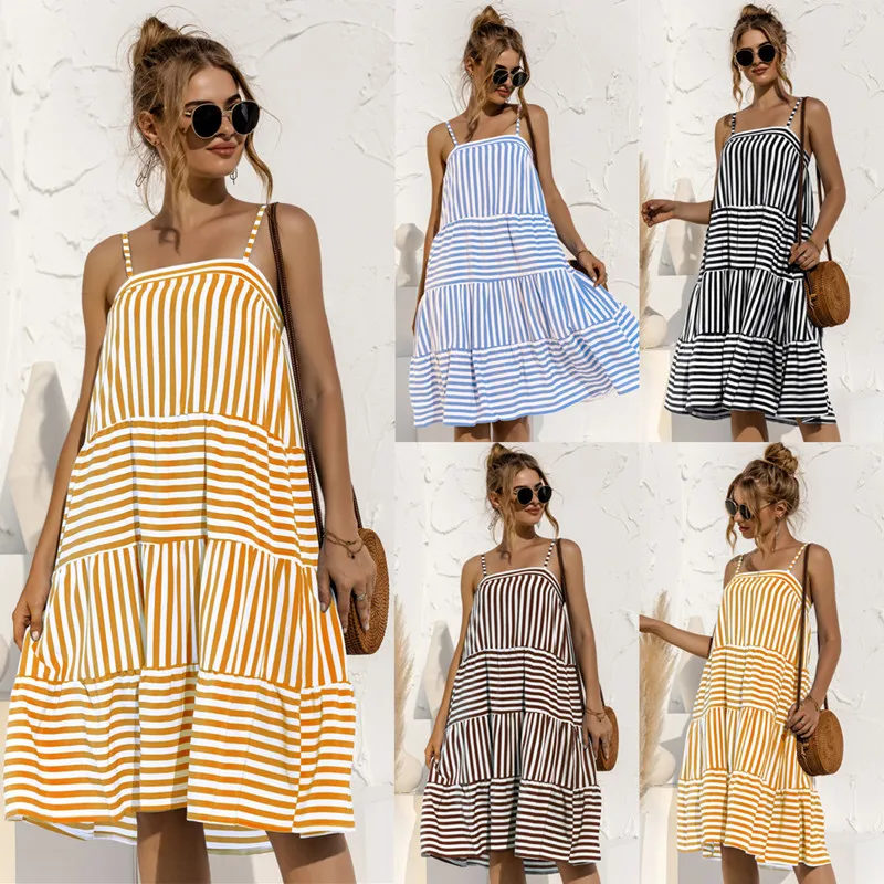 

Новинка лета 2021, модное сексуальное женское платье на бретелях-спагетти с регулируемой спиной, повседневные свободные однотонные женские п...