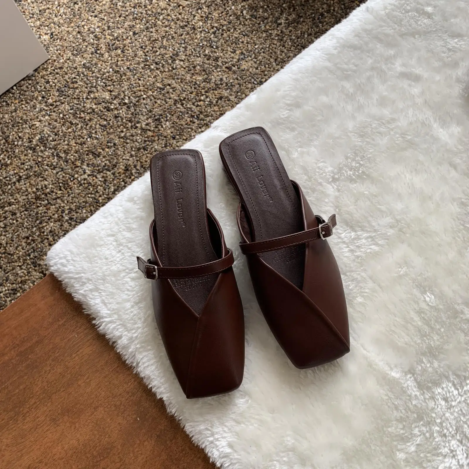 

Shoes Square Toe Low Ladies' Slippers Slipers Women Female Mule 2021 Mules Fabric Sewing Hoof Heels Rubber Slides PU Basic