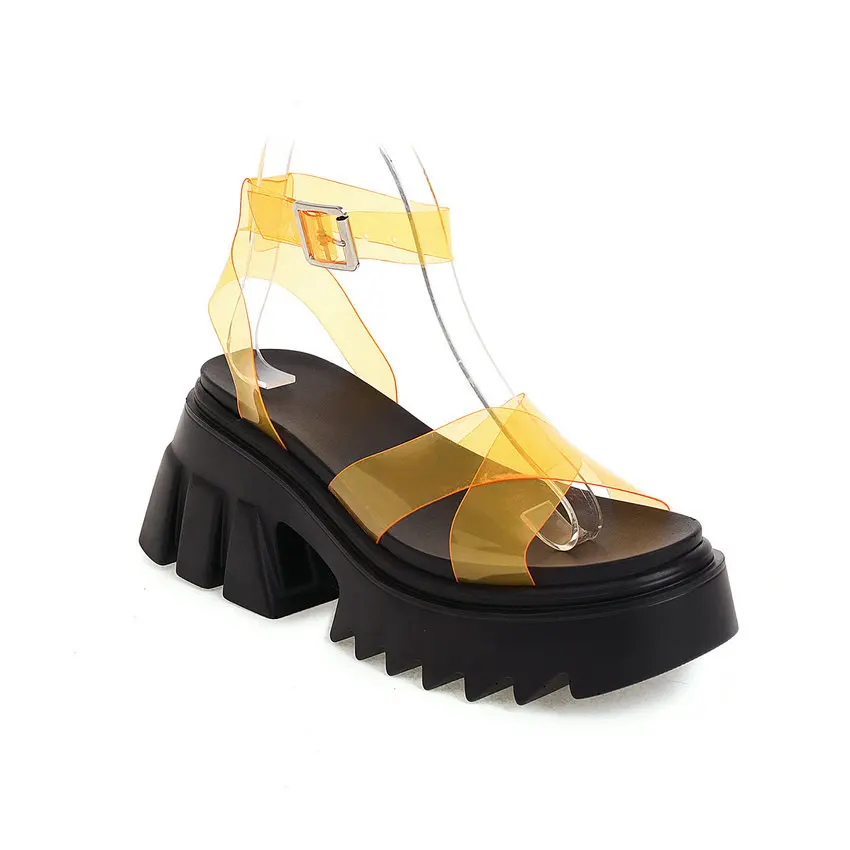 

QUTAA 2021 Platform Summer Transparent PVC Punk Sandals Ankle Strap Buckle Wedge High Heel Fashion Female Shoes Big Size 35-43