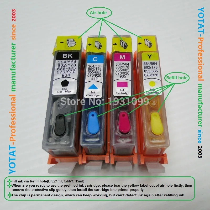 

YOTAT Full Refillable 655 ink cartridge For HP655 HP 655XL for HP Deskjet Ink Advantage 3525 4615 4625 5525 6520 6525 printer