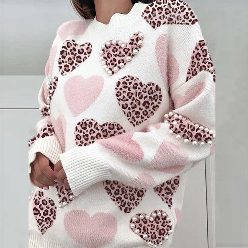 

Women Long Sleeve Sweet Knitted Sweaters Casual Pearl Beaded Heart Leopard Jumper Autumn Winter Warm O Neck Loose Tops Pullover