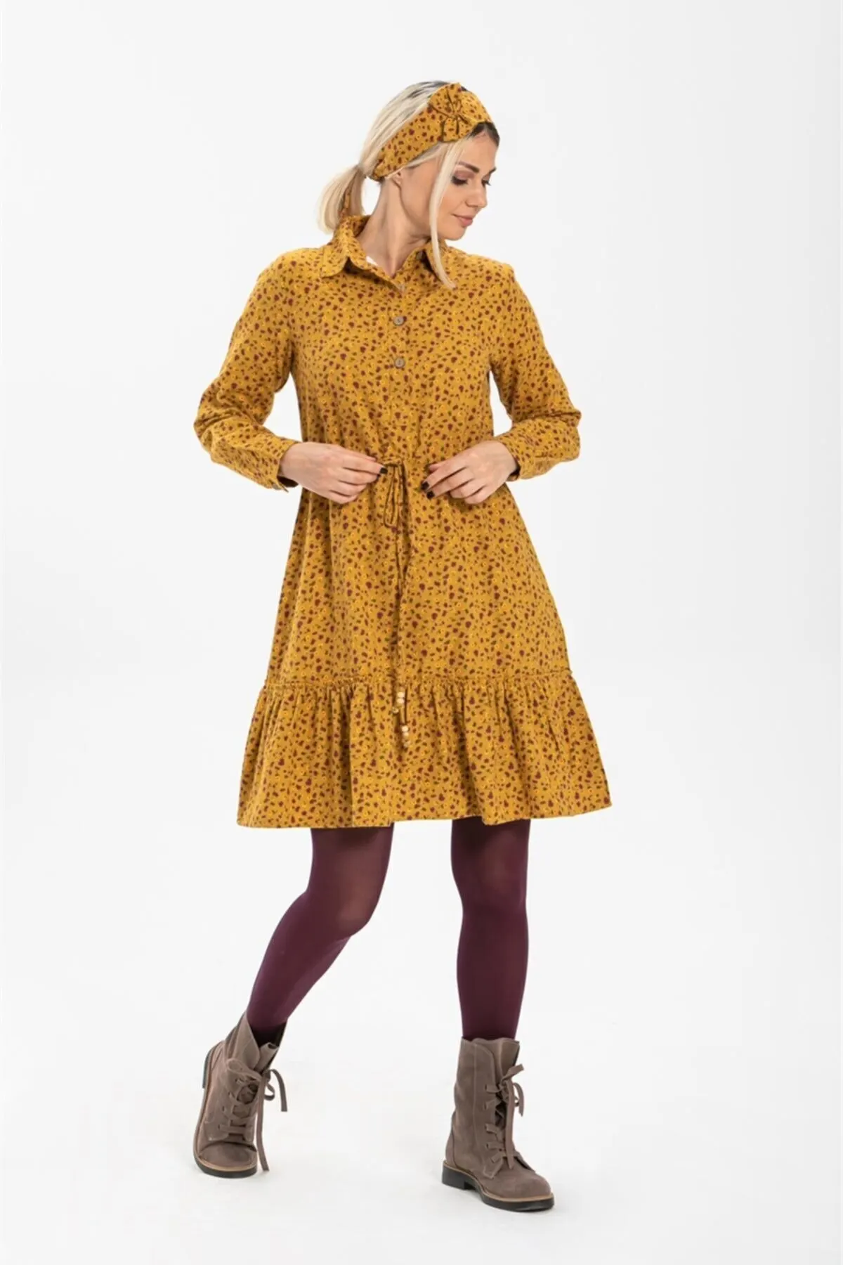 

Rose 100% Organic English Cotton Cloth Vintage Ethnic Bohemian Short Dress Crispy Pattern Mustard