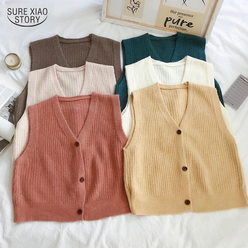 

Женский трикотажный жилет с V-образным вырезом, однотонный Повседневный свитер без рукавов в Корейском стиле, кофта, кардиган для осени и зи...