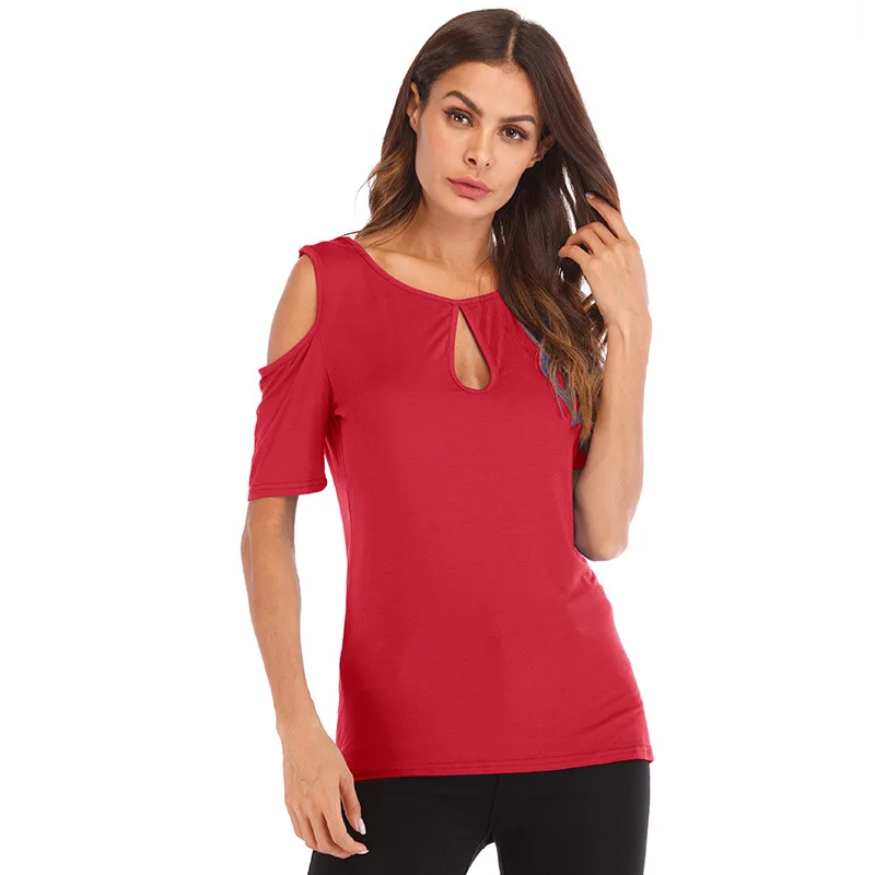 Футболка женская с вырезами пикантная рубашка открытыми плечами V образным