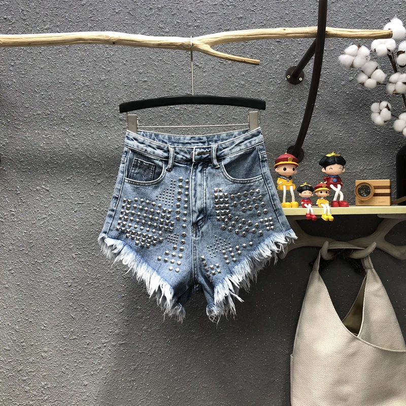 

Rivet Tassel Women Denim Shorts 2021 New Summer Fashion All-match High Waist Slim Short Jeans Loose Wide Leg Casual Hot Shorts