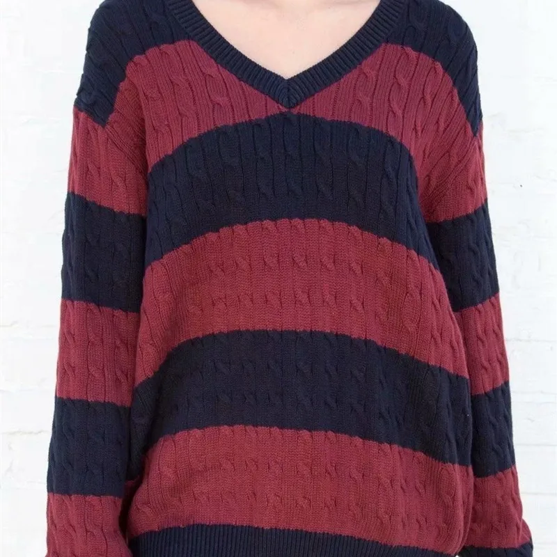 

Мягкий хлопковый свитер унисекс с V-образным вырезом, весна-осень 2022, Модный женский милый свитер в английском стиле, женский свитер в полоску, Топ