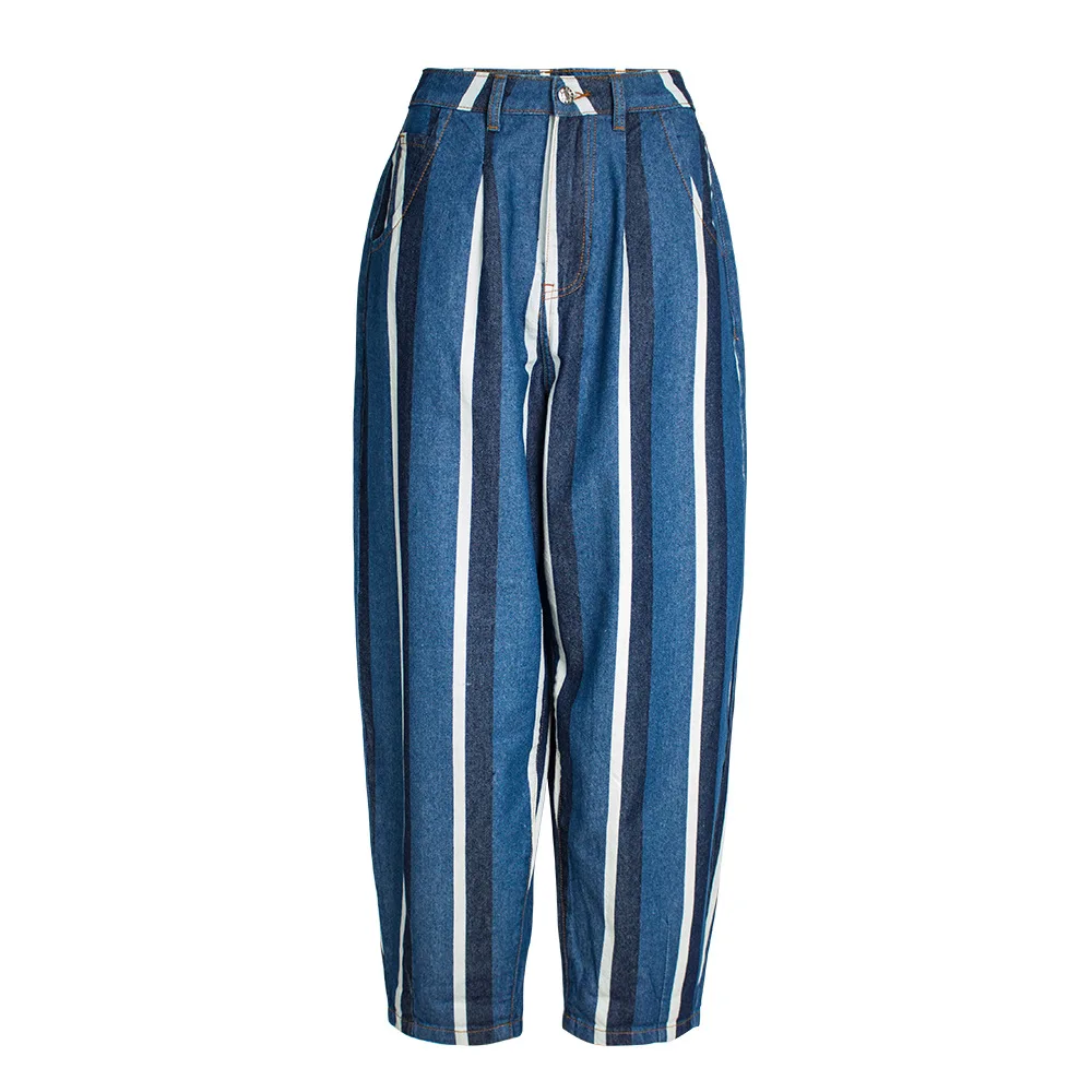 

Harlan daddy fashion high waist BF street style loose casual jeans striped pants