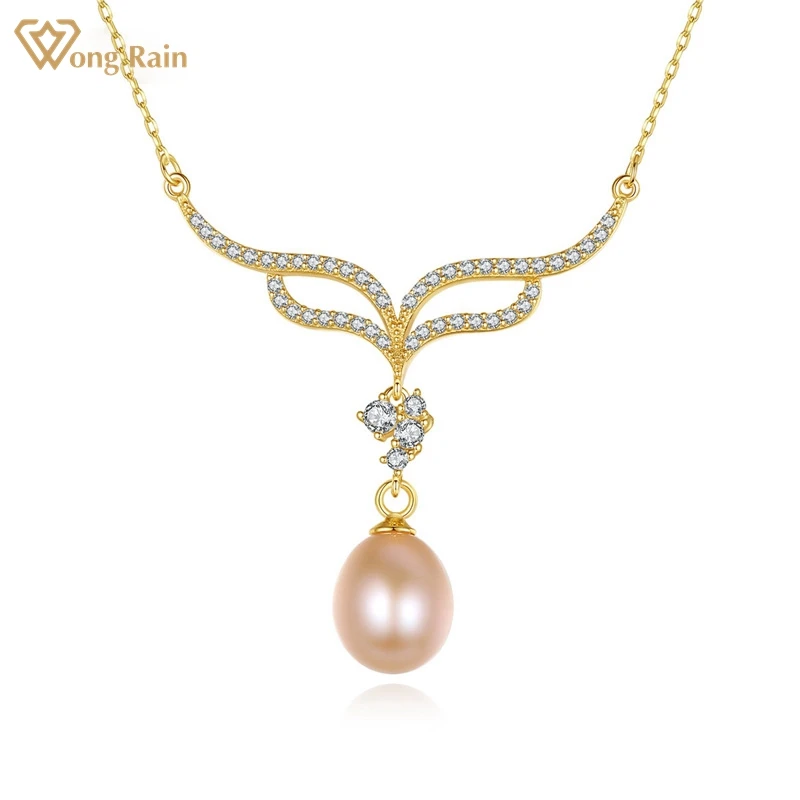 

Wong Rain Luxury 925 Sterling Silver Pink Pearl Created Moissanite Party 18K Yellow Gold Pendant Necklace Girl Fine Jewelry Gift