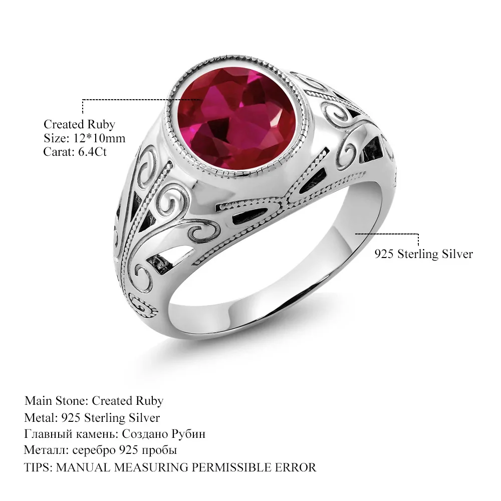 GemStoneKing, винтажное, 925 пробы, серебряное, мужское кольцо, 6,40 карат, овальное, красное, созданное рубиновое кольцо для мужчин, вечерние ювелирные изделия