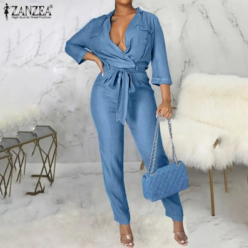 

ZANZEA Women Denim Blue Rompers Fashion Autumn Elegant V Neck Casual Office Lady Jumpsuits Solid Pencil Trousers Long Playsuits